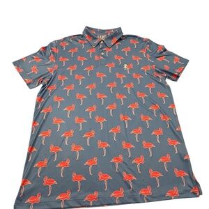 Izod Golf Men's Stretch Polo‎ with Blue w Red Flamingo Pattern Large